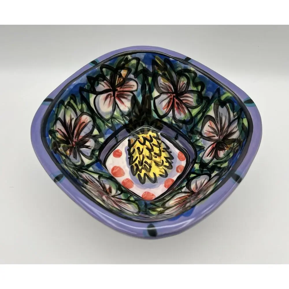 Hawaiian Hand Painted Square Pottery Bowl 8” Signed Kauai Masters 1997 Vintage